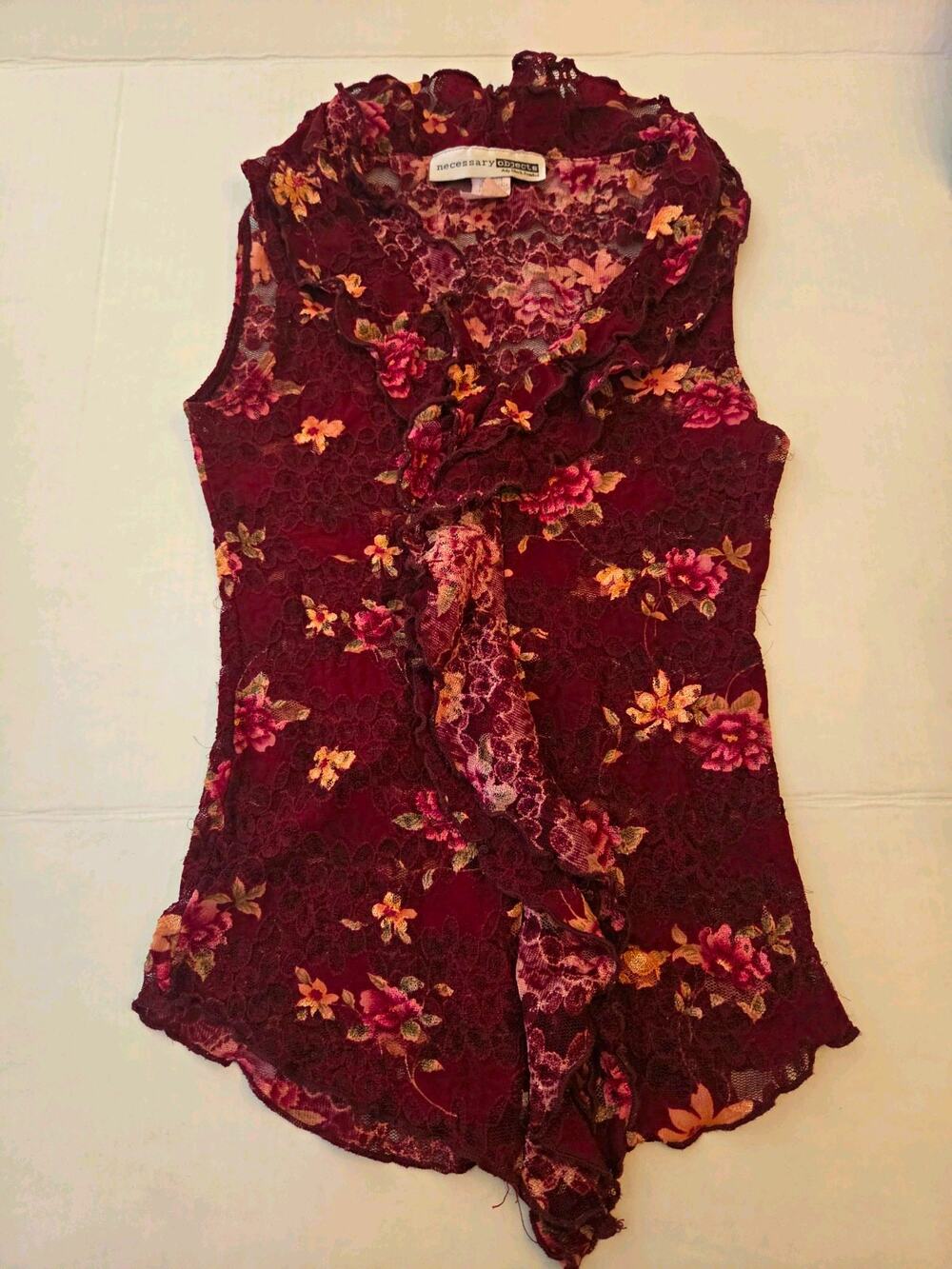 Necessary Objects Burgundy Floral Lace Sheer V-Neck Ruffle Y2K Vintage Blouse